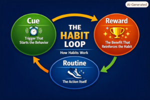 Science of Habits: How Your Brain Creates Change Habit Loop image =Cue, Routine, Reward