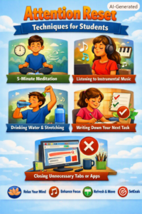 attention reset techniques for students infographic