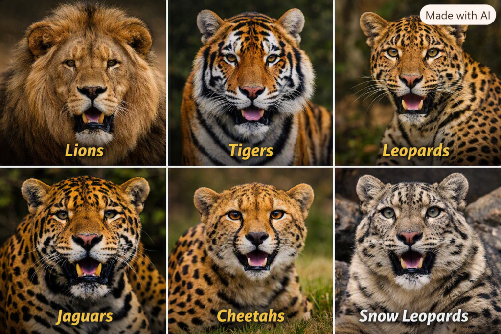 Lions" "Tigers" "Leopards" "Jaguars" "Cheetahs" "Snow Leopards"